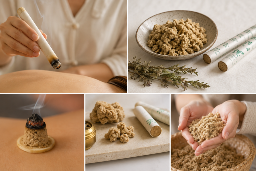 Composición de varias imágenes con puro de moxa, polvo de moxa, Artemisia vulgaris y Chineskyu encendido