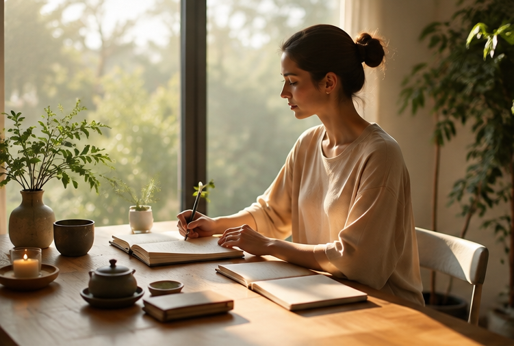 Mujer escribiendo en un cuaderno junto a una ventana