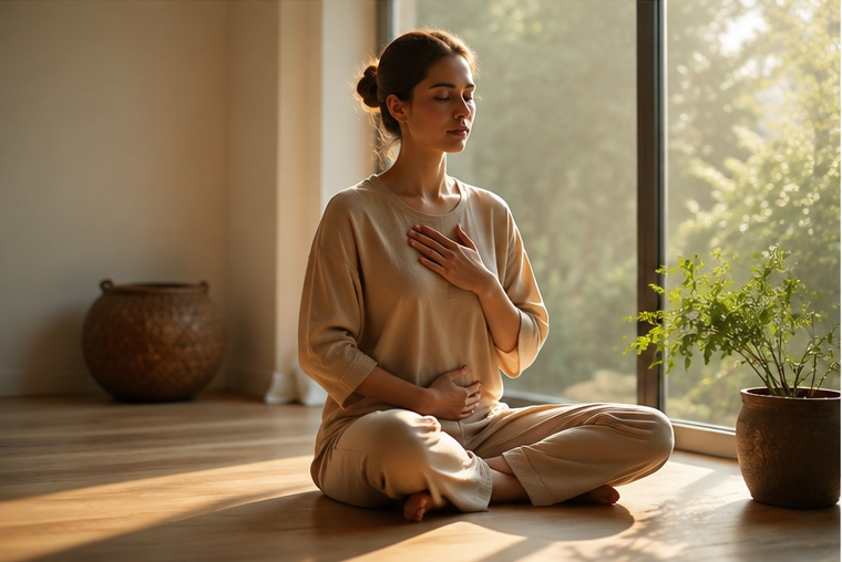 Mujer meditando y realizando respiración abdominal