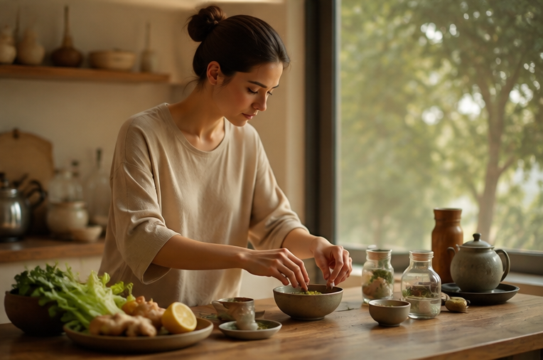 Mujer preparando alimentos frescos en la cocina