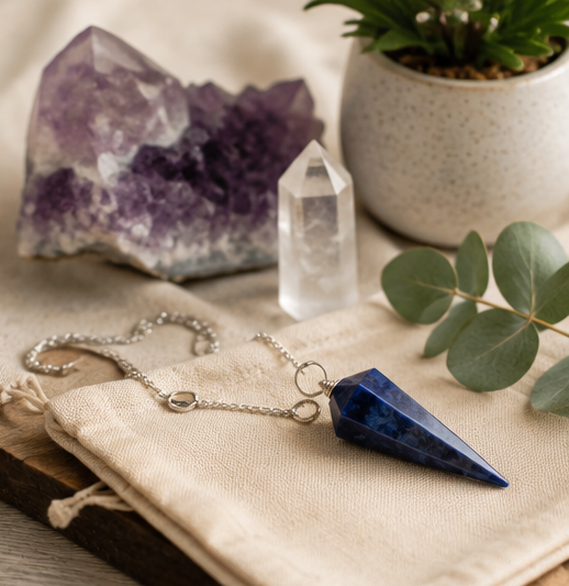 Péndulo de cristal azul junto a minerales y cuarzos
