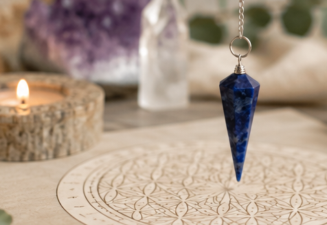 Péndulo de cristal azul sobre mandala para trabajos energéticos