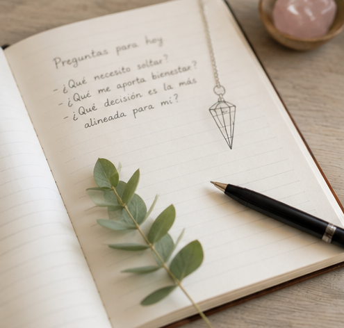 Péndulo de cristal junto a cuaderno para observación y autoconocimiento