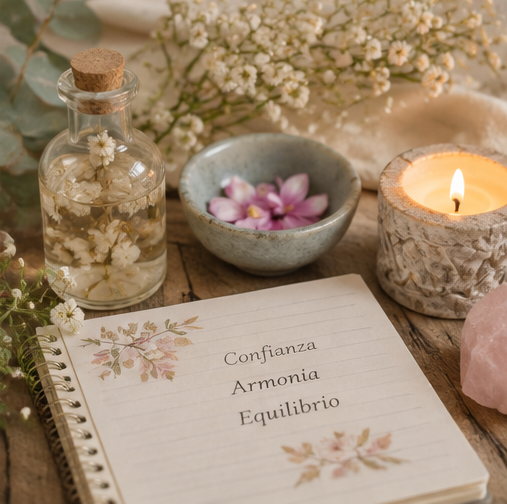 Cuaderno con notas junto a una vela, flores rosas y botella con flores blancas