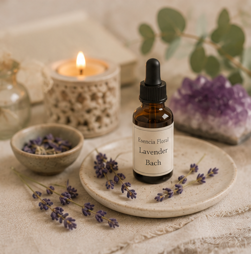 Esencia floral de lavanda sobre un plato de cerámica con flores secas de lavanda
