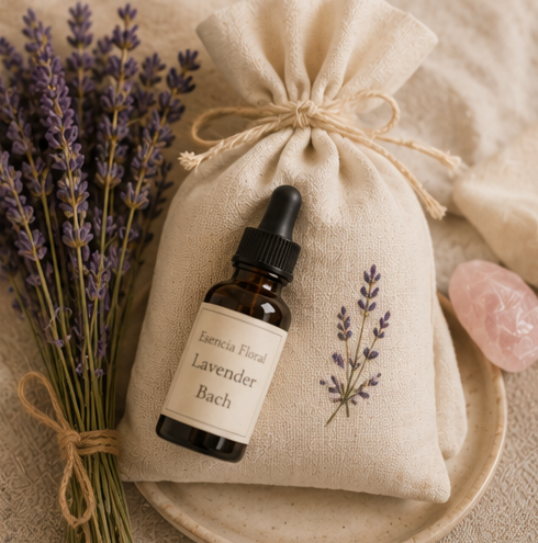 Botella de esencia floral de lavanda sobre un saquito de lavanda