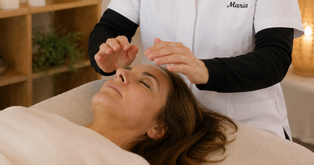 Terapeuta haciendo reiki facial