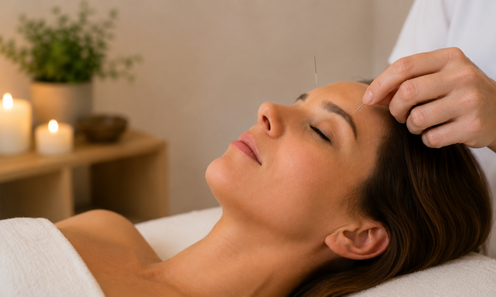 Mujer recibiendo un tratamiento de acupuntura facial en Barcelona como parte del tratamiento de terapias naturales en barcelona