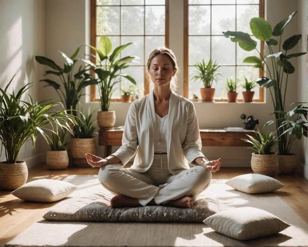Dona meditant en una habitació envoltada de plantes